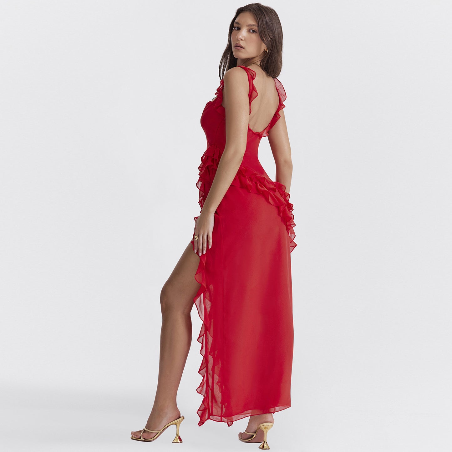 Amara Ruffle High-Slit Gown
