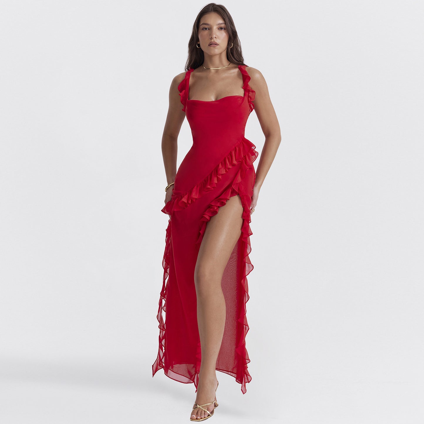 Amara Ruffle High-Slit Gown
